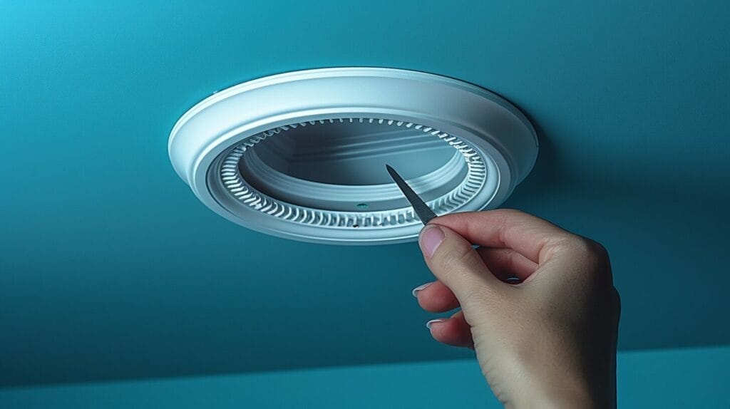 A hand holding a screwdriver and pliers, prying off a ceiling light cover.