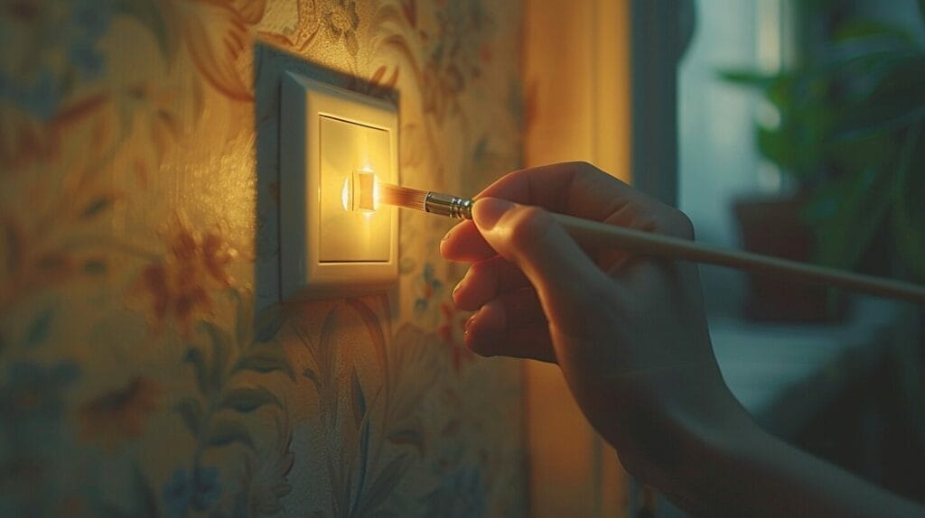 A hand painting a light switch cover, transforming it from dull to vibrant in a soft, natural light setting.