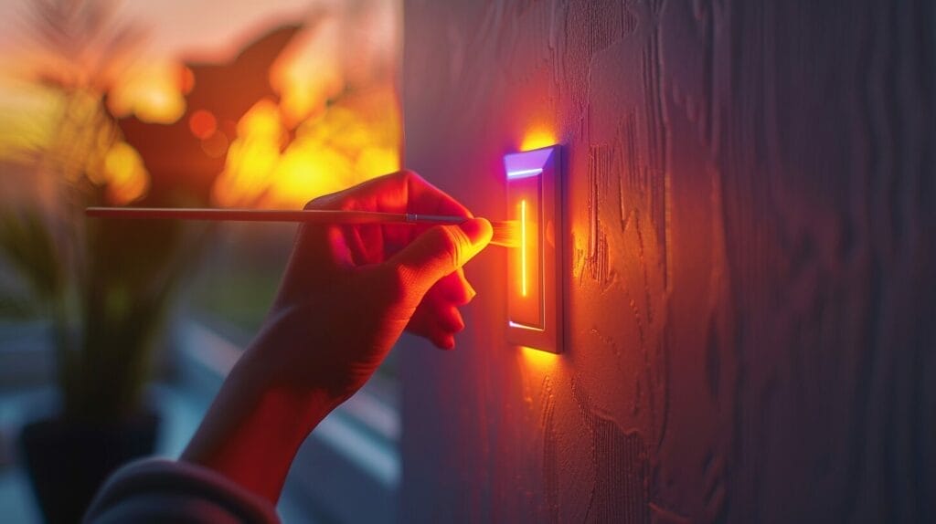 A hand painting a light switch cover, with a soft, glowing light emanating from the switch against a neutral background.