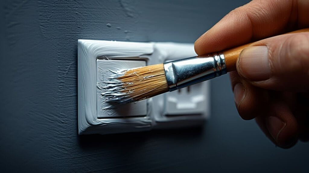 A hand sanding and priming a light switch, preparing a smooth and durable surface for painting.