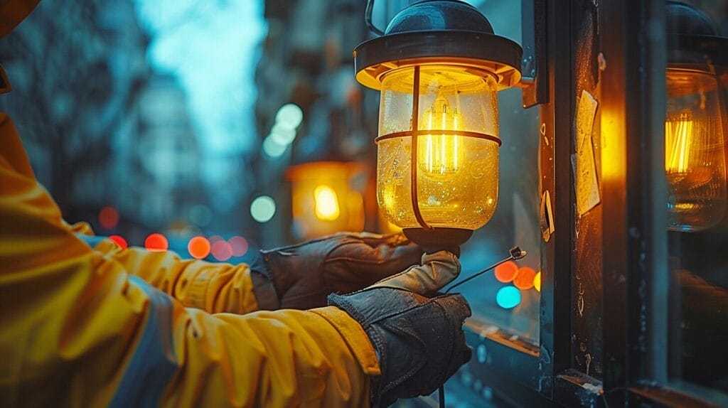A person in gloves carefully unscrewing an outdoor light fixture to remove the glass panel.