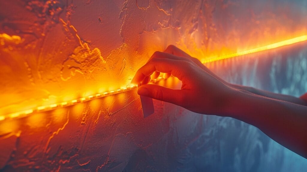 Close-up of hands removing LED strip lights with tools, undamaged wall visible.