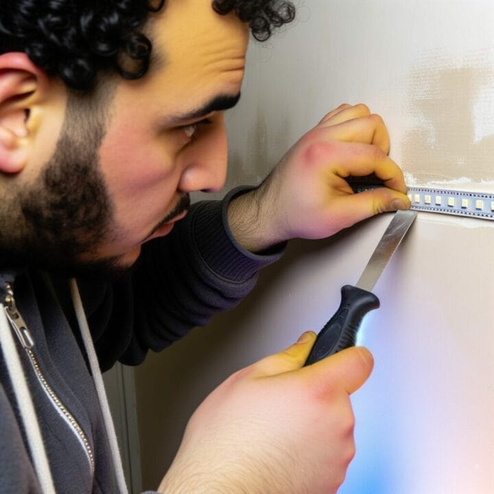 Close-up of someone removing LED lights from a wall with a putty knife, leaving a smooth wall surface.