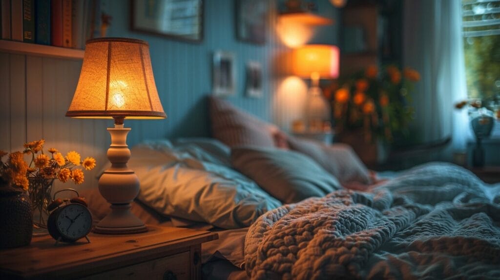 Cozy bedroom at night with warm LED lamp and clock.