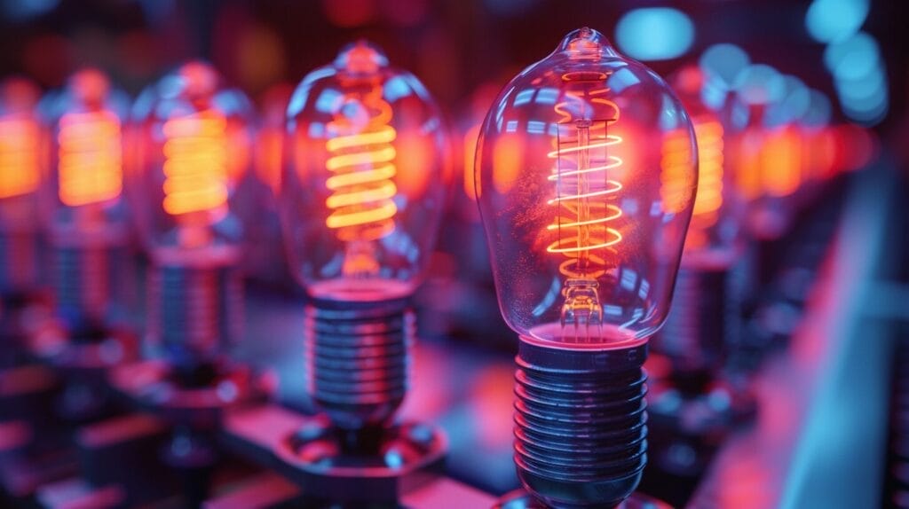 Diverse fluorescent light bulbs in a room
