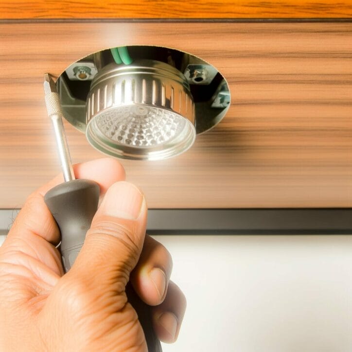 Hand removing puck light bulb under kitchen cabinet.