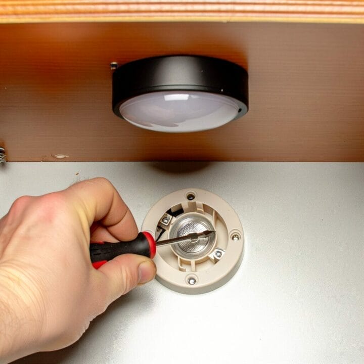 Hand replacing puck bulb under bright kitchen light.