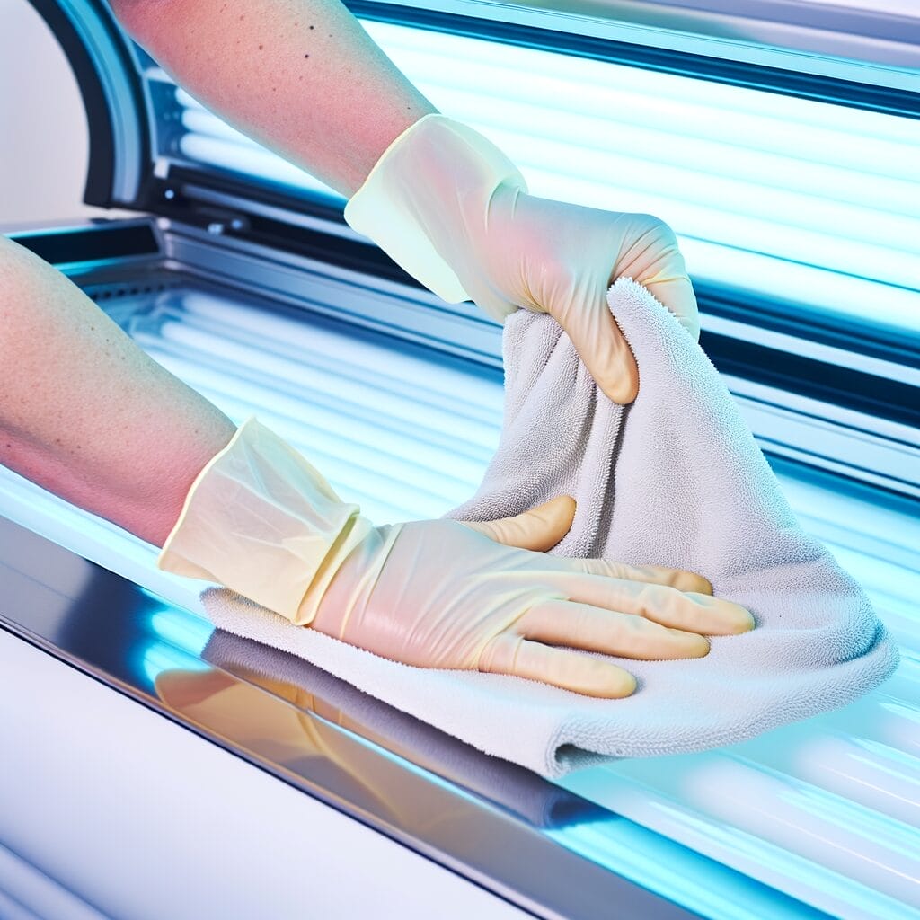 Hand Cleaning a Tanning bed with cleaning solution