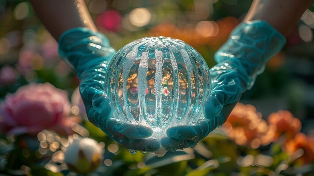 Hands cleaning glass light fixture, soapy water, garden background.