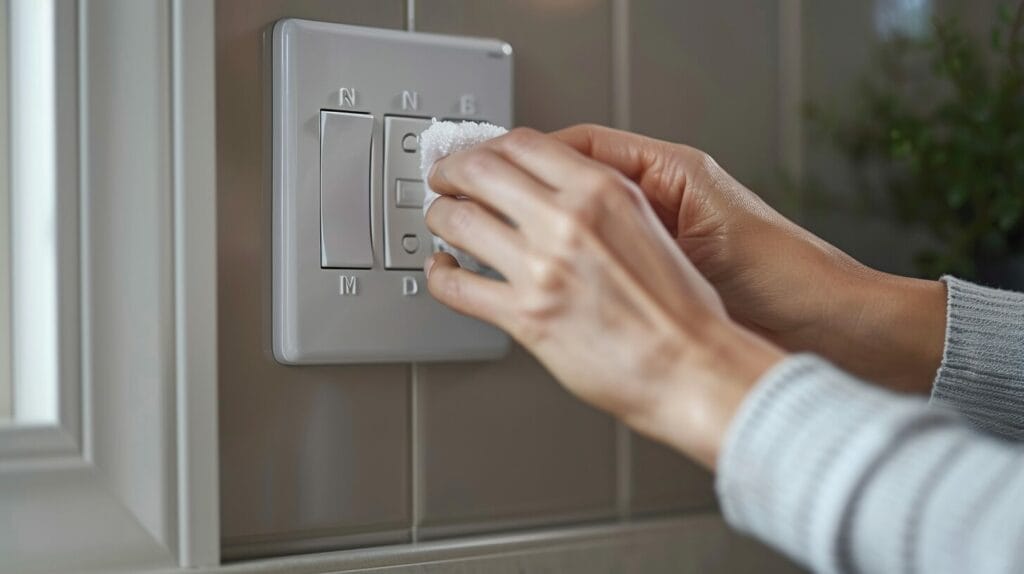 Hands cleaning painted light switch and outlet cover, highlighting glossy finish.