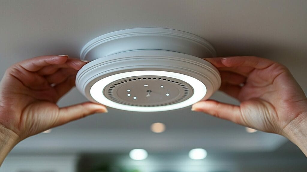 Hands pushing up and twisting a ceiling light cover counterclockwise for safe removal.