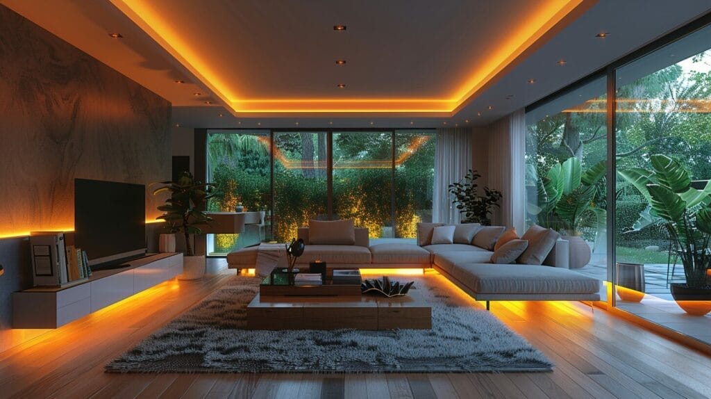 Modern living room with mixed LED lighting for a warm ambiance.