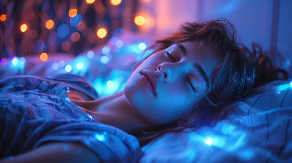 Nighttime bedroom scene with bright LED lights casting blue light, and a person in bed awake due to the harsh lighting.