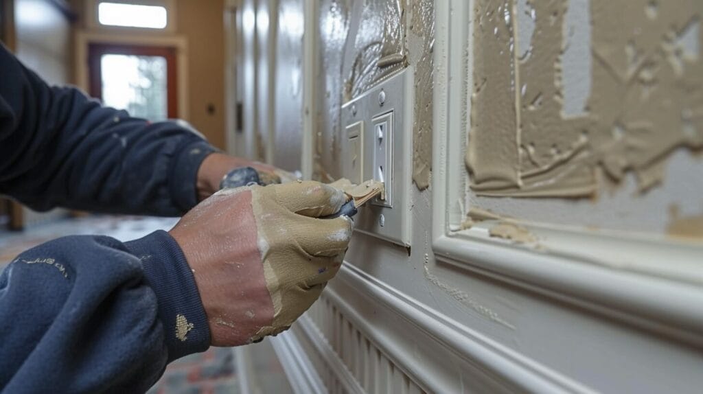 Person applying painter's tape to light switches for precise painting.