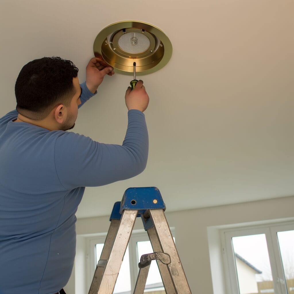Person dismantling a ceiling light fixture with a screwdriver