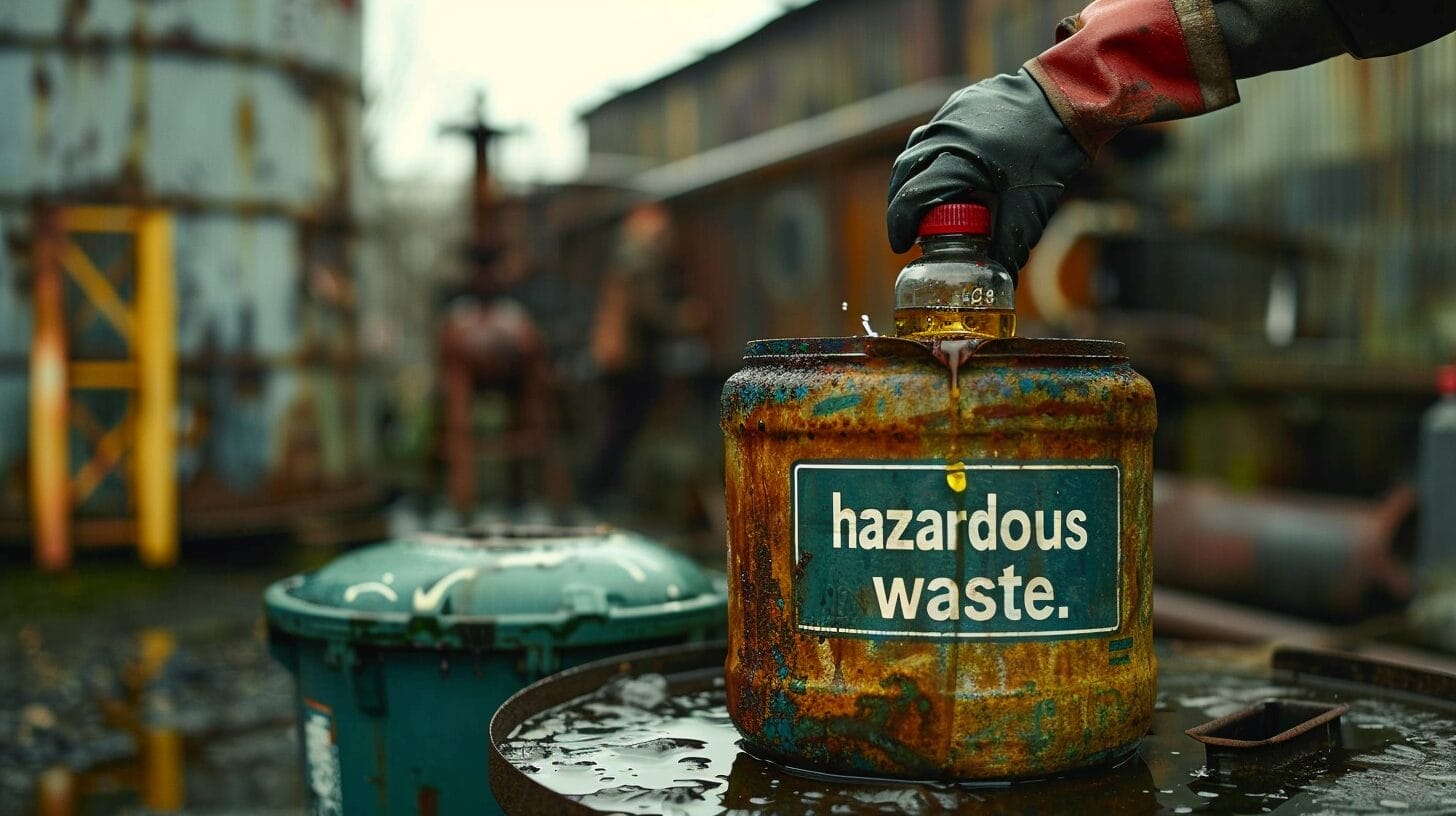 Person in protective gear disposing used lamp oil into a labeled hazardous waste container, with recycling bin nearby.