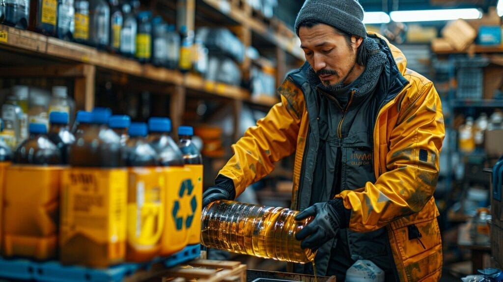 Person pouring kerosene oil into sealed, labeled hazardous waste container.