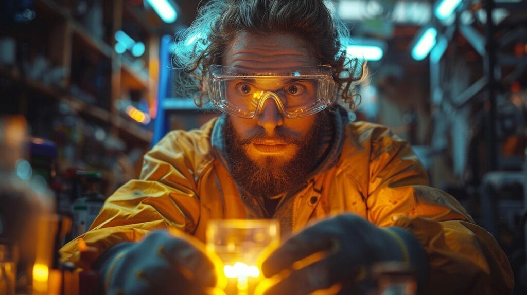 Person testing light fixture with safety gear in a well-lit room.
