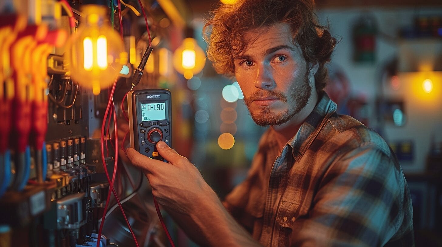 Person testing light fixture's electrical connection with multimeter