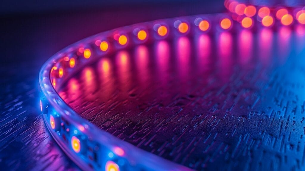 Soldered LED strips highlighting flexible and RGB features.