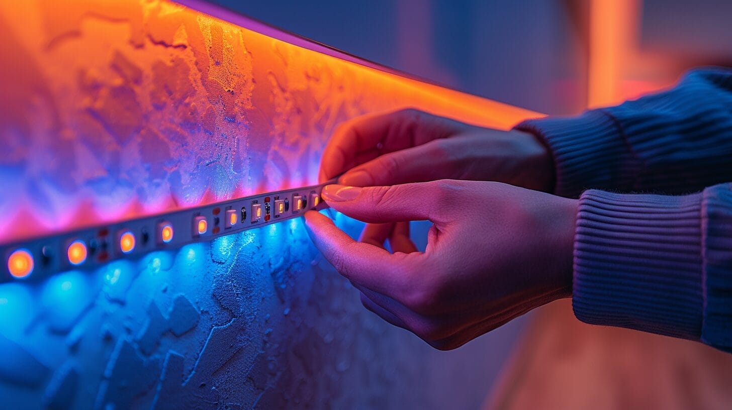 Someone gently peeling off LED strip lights from a wall