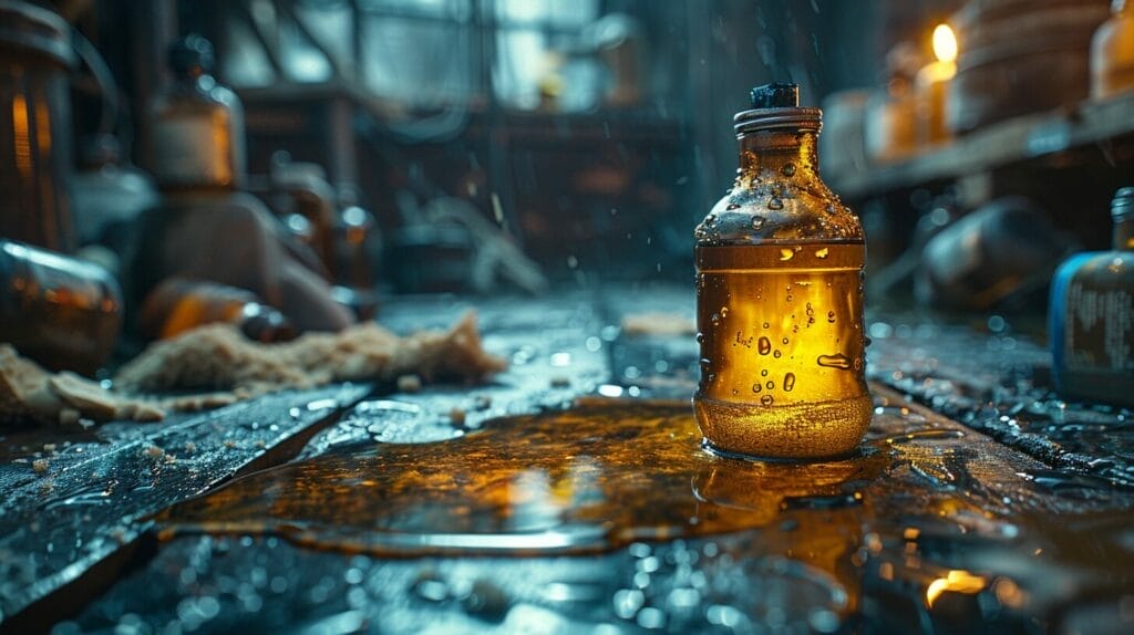 Spilled kerosene lamp oil on a hard surface, with containment materials like kitty litter, absorbent pads, and gloves nearby.