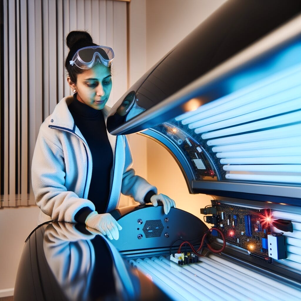 Technician inspecting tanning bed