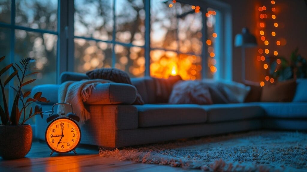 Timer next to vibrant LED lights in a cozy living room, illustrating a balance between energy efficiency and light longevity.