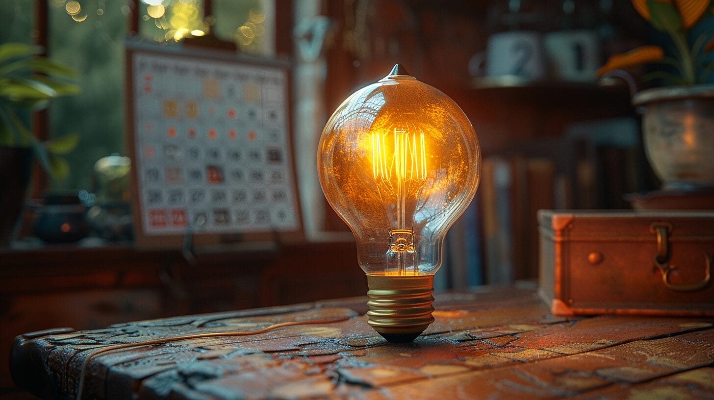 Vibrant fluorescent light bulb lighting up a room with a time-marked calendar in the background.