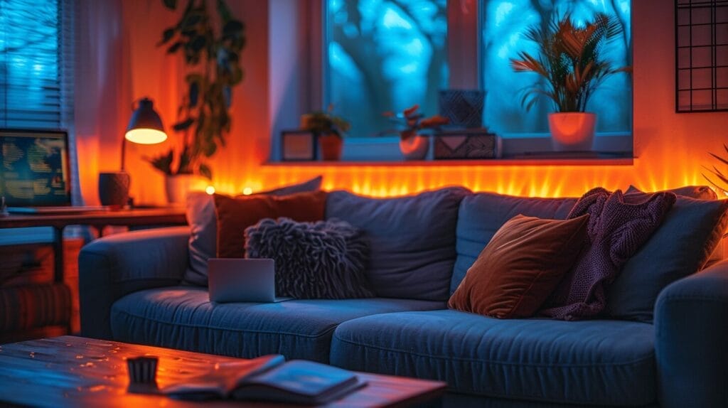 Warm, cozy living room with glowing LED lights.