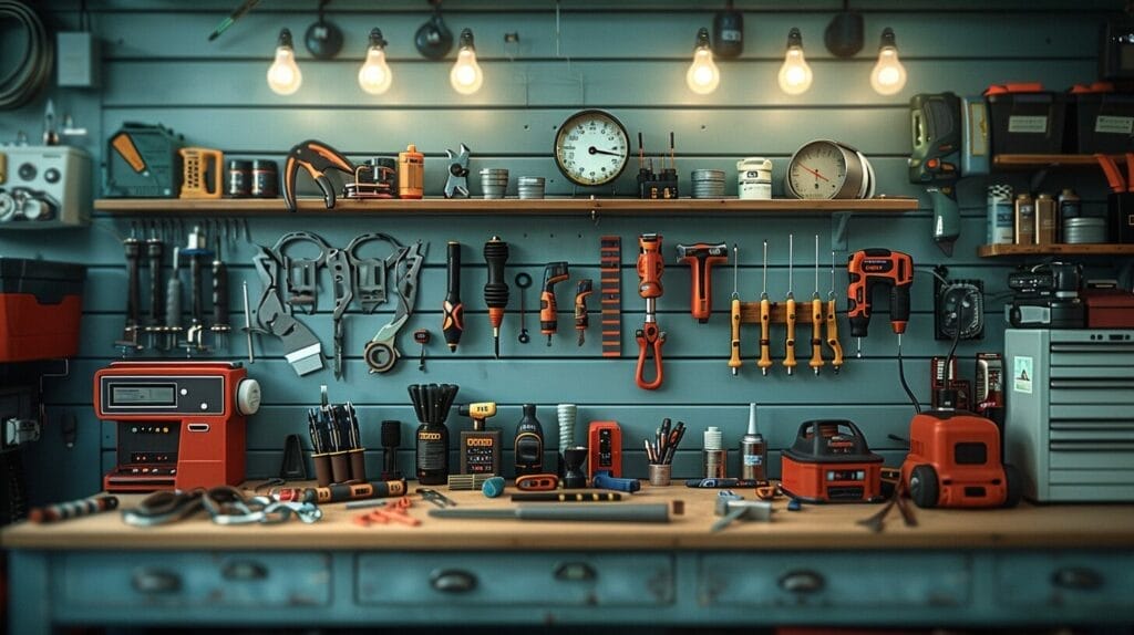 Workbench with electrical testing setup and organized tools.