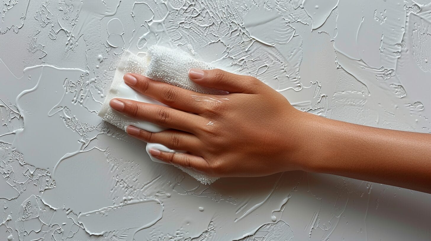a hand wiping the white wall with clean cloth