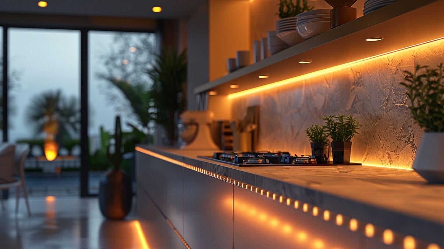 a kitchen with under cabinet puck lights