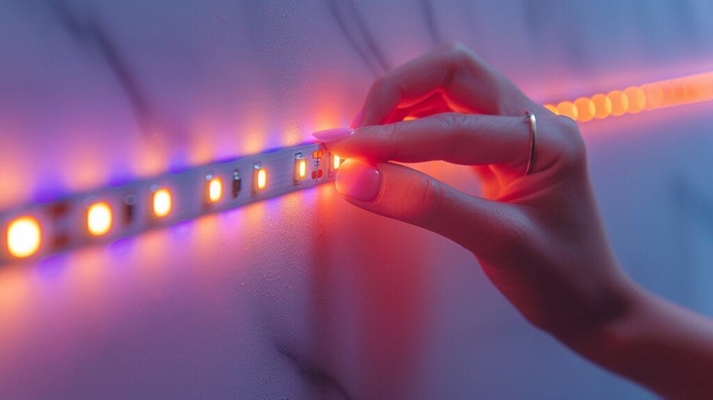 someone gently pressing LED strip lights on a wall