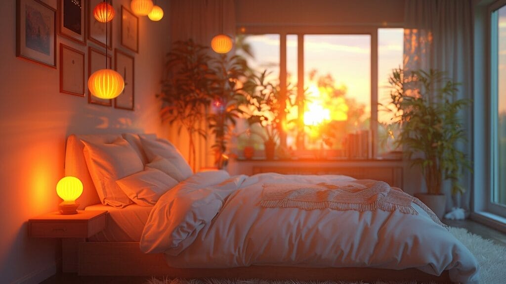 A bedroom featuring various light sources, each casting a different color temperature, enhancing the room's cozy and tranquil atmosphere.