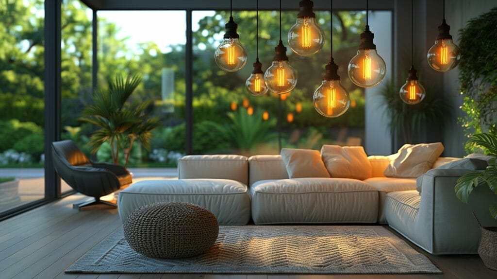 A modern living room lit with various energy-efficient bulbs, decorated with plants, illustrating eco-friendly living.