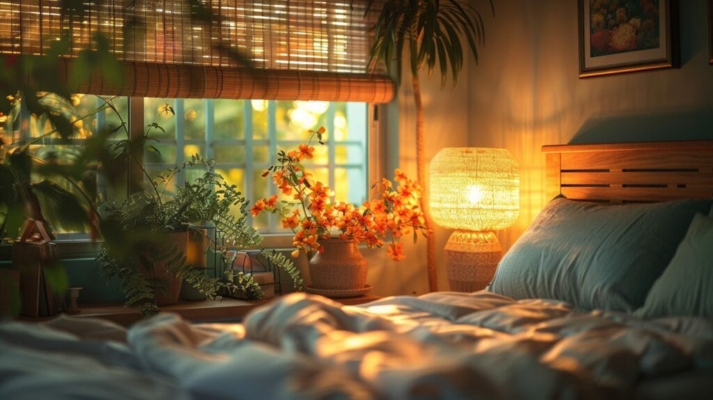 A peaceful bedroom scene illuminated by a soft lamp light, showcasing comfortable bedding and soothing color tones.