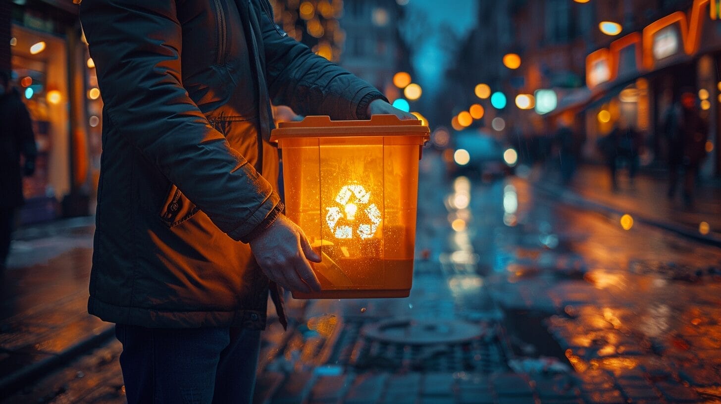 A person safely disposing of a halogen light bulb into a recycling bin.