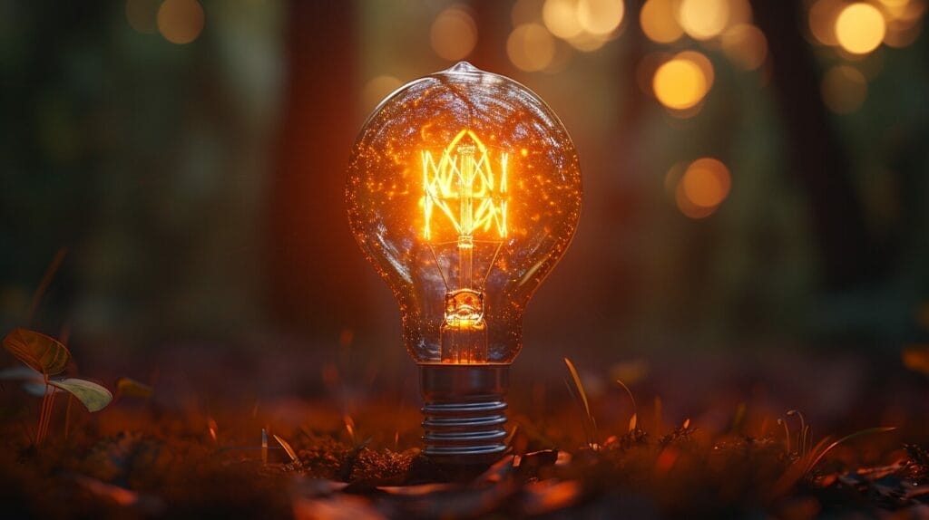 A radiant light bulb casting warm light onto its surroundings, with a background transitioning from dark to light