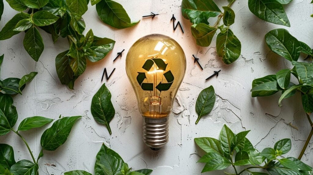 An eco-friendly image of a recyclable halogen bulb surrounded by green leaves and recycling signs.