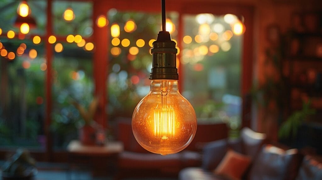 An illuminated LED bulb glowing brightly in contrast to a dimly lit traditional incandescent bulb in the background