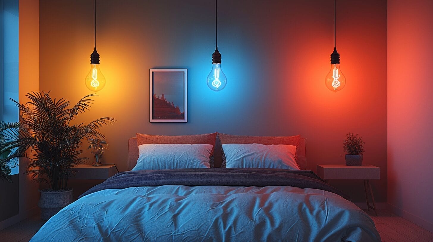 Bedroom illuminated with warm yellow, calming blue, and vibrant pink light bulbs.