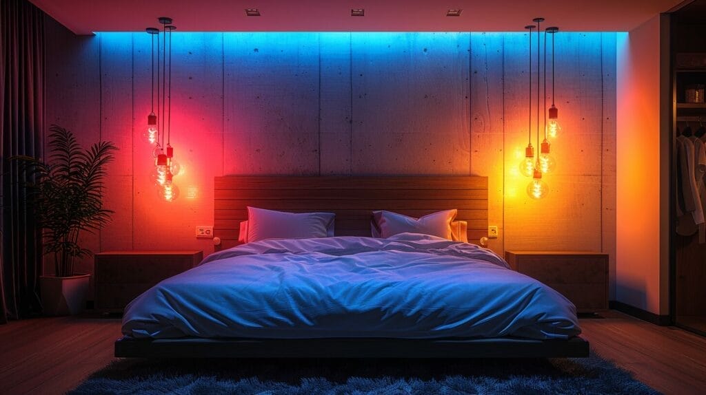 Bedroom with blue, pink, and green colored light bulbs showcasing different ambiance effects.