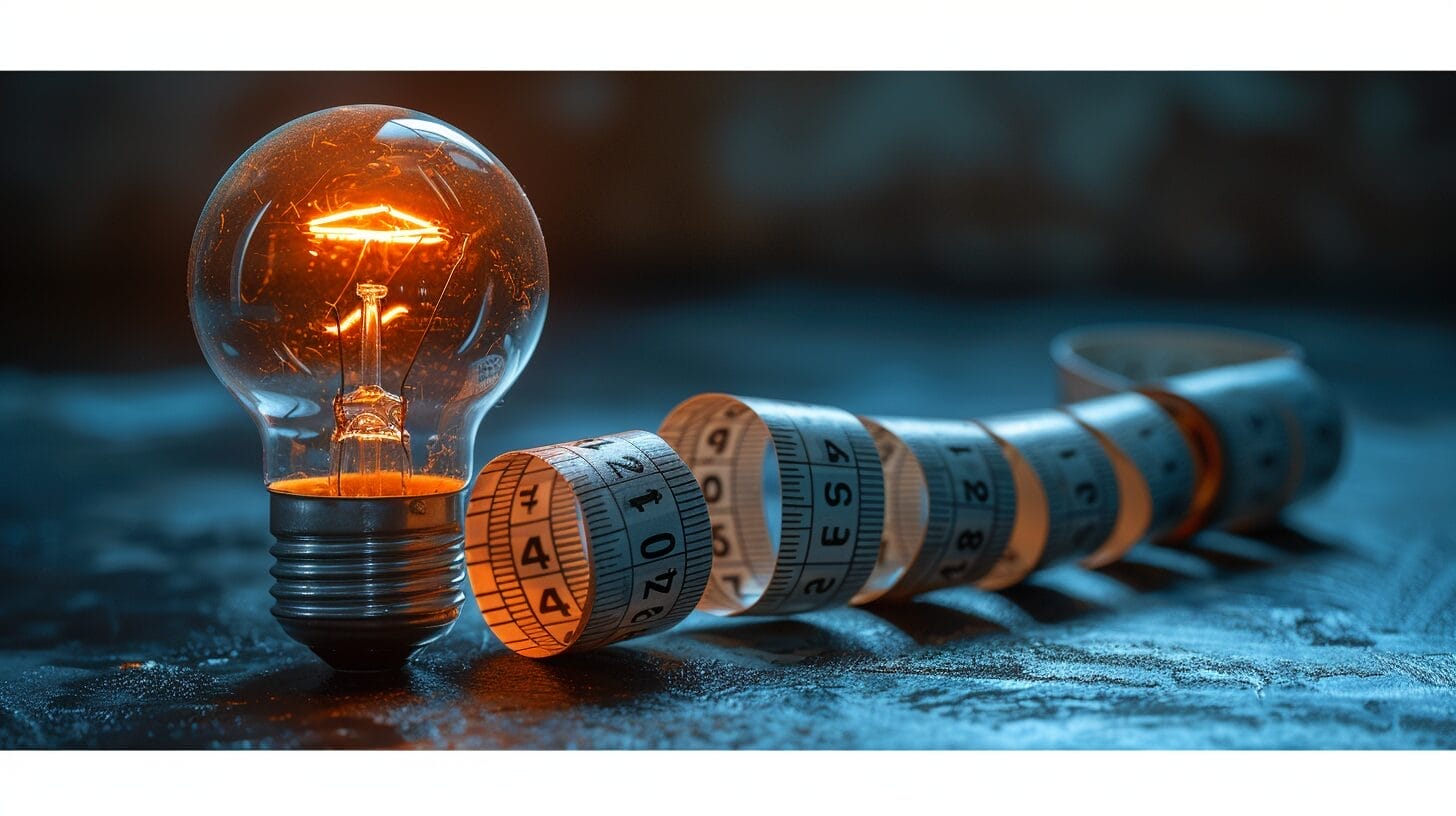 Bright light bulb surrounded by measuring tape displaying wattage measurement.