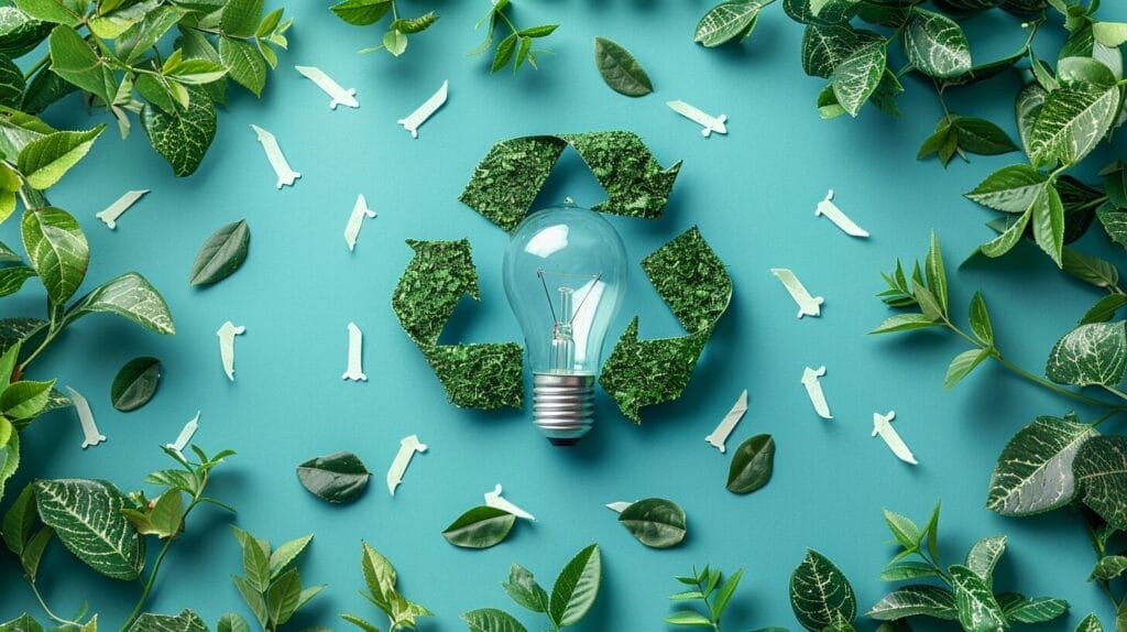 Conceptual image of a halogen bulb on a green recycling symbol background, circled by arrows and surrounded by natural elements.