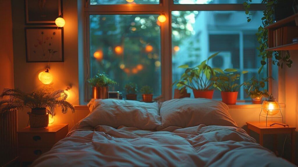 Cozy bedroom illuminated with warm and soft white light bulbs.