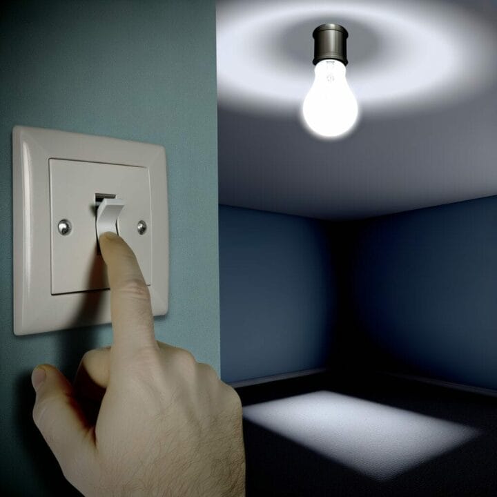 Create an image showing a hand flipping a light switch on and off repeatedly