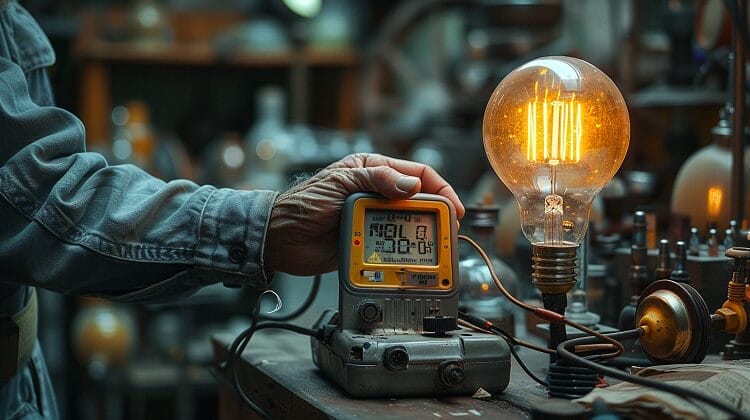 Hand holding a multimeter set to resistance mode, testing a light bulb, with a clear reading on the display.
