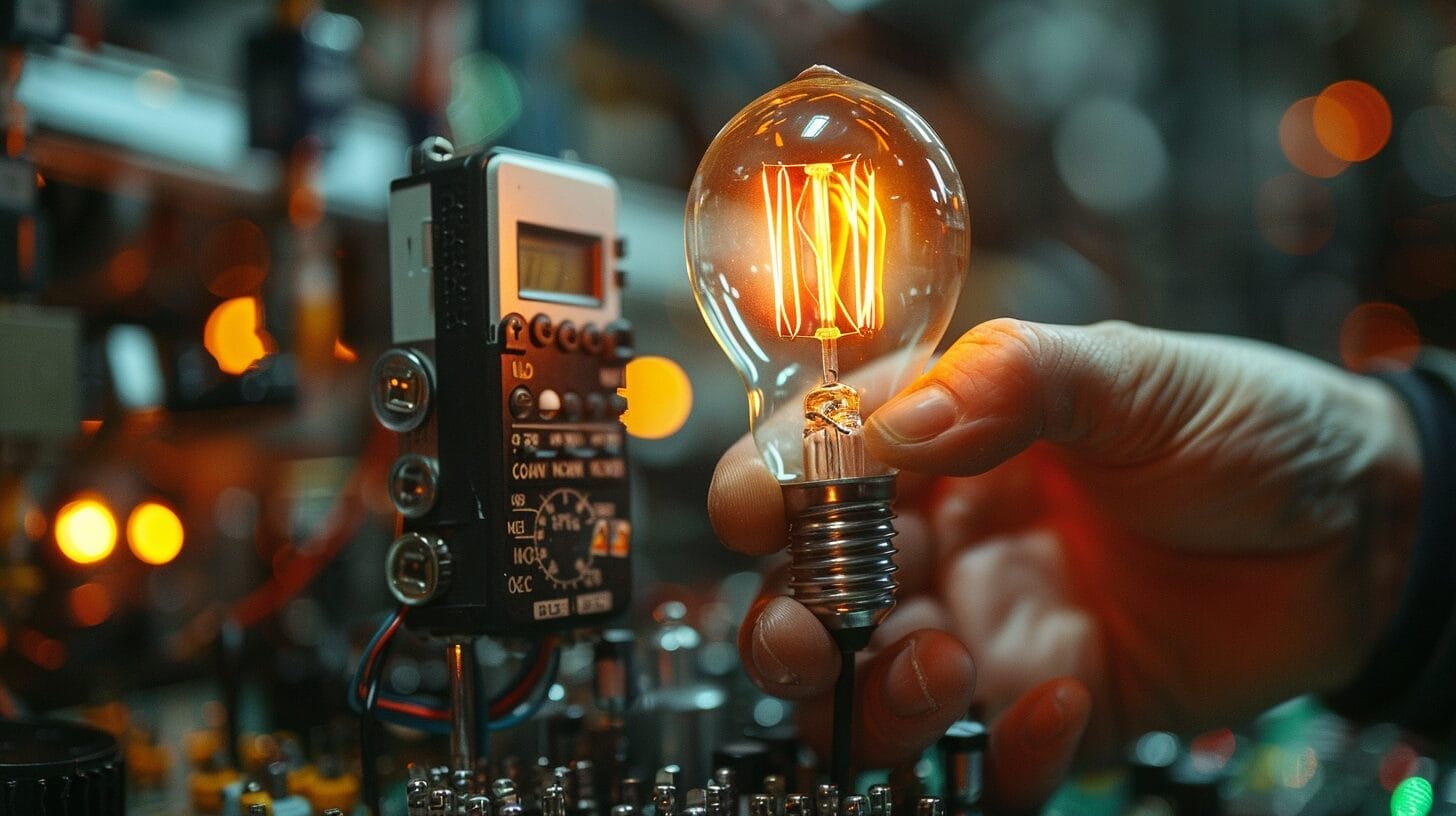 Hand holding a multimeter testing a light bulb, with the display reading voltage or continuity.