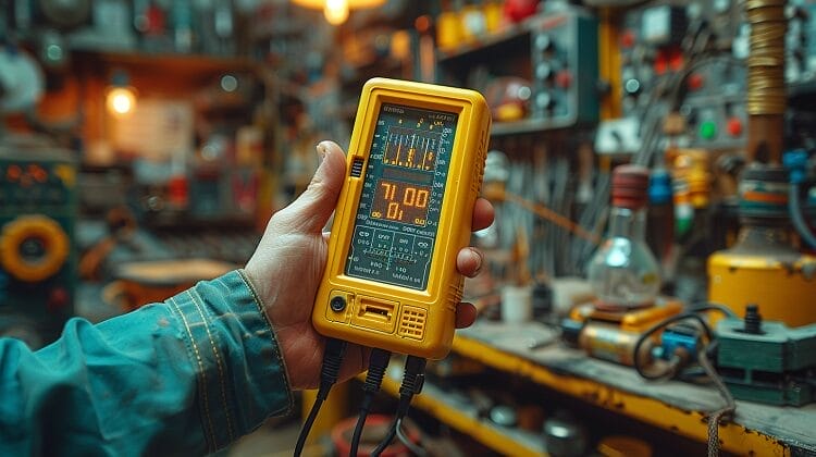 Hand using a multimeter to test a light bulb in a well-lit room with a workbench, multimeter set to the resistance testing mode.